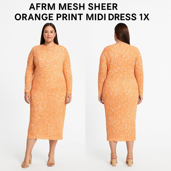 AFRM Mesh Sheer Orange Print Midi Dress 1X - Picture 1 of 10